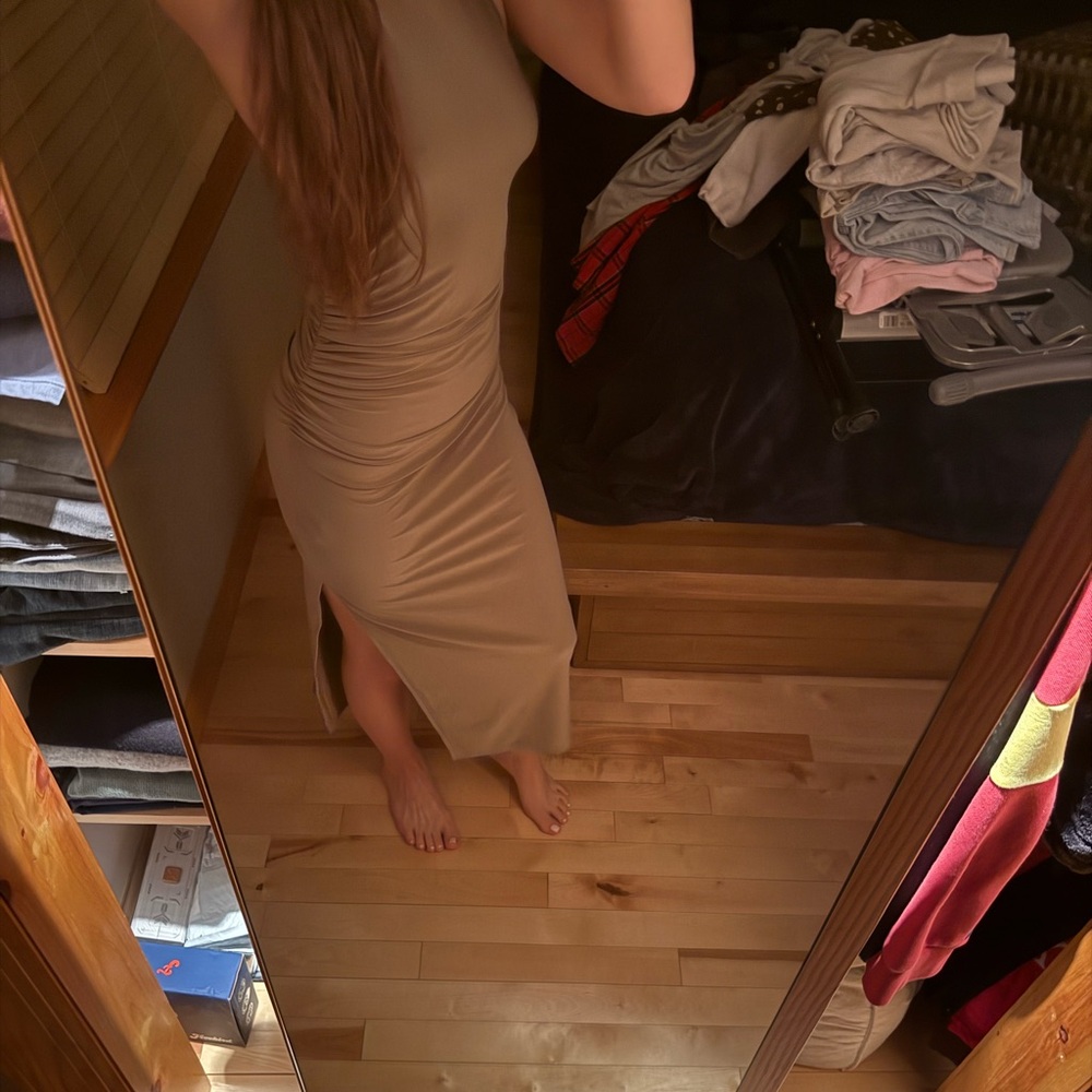 Aritzia Sleeveless Beige Ruched Maxi Dress with Side Slit